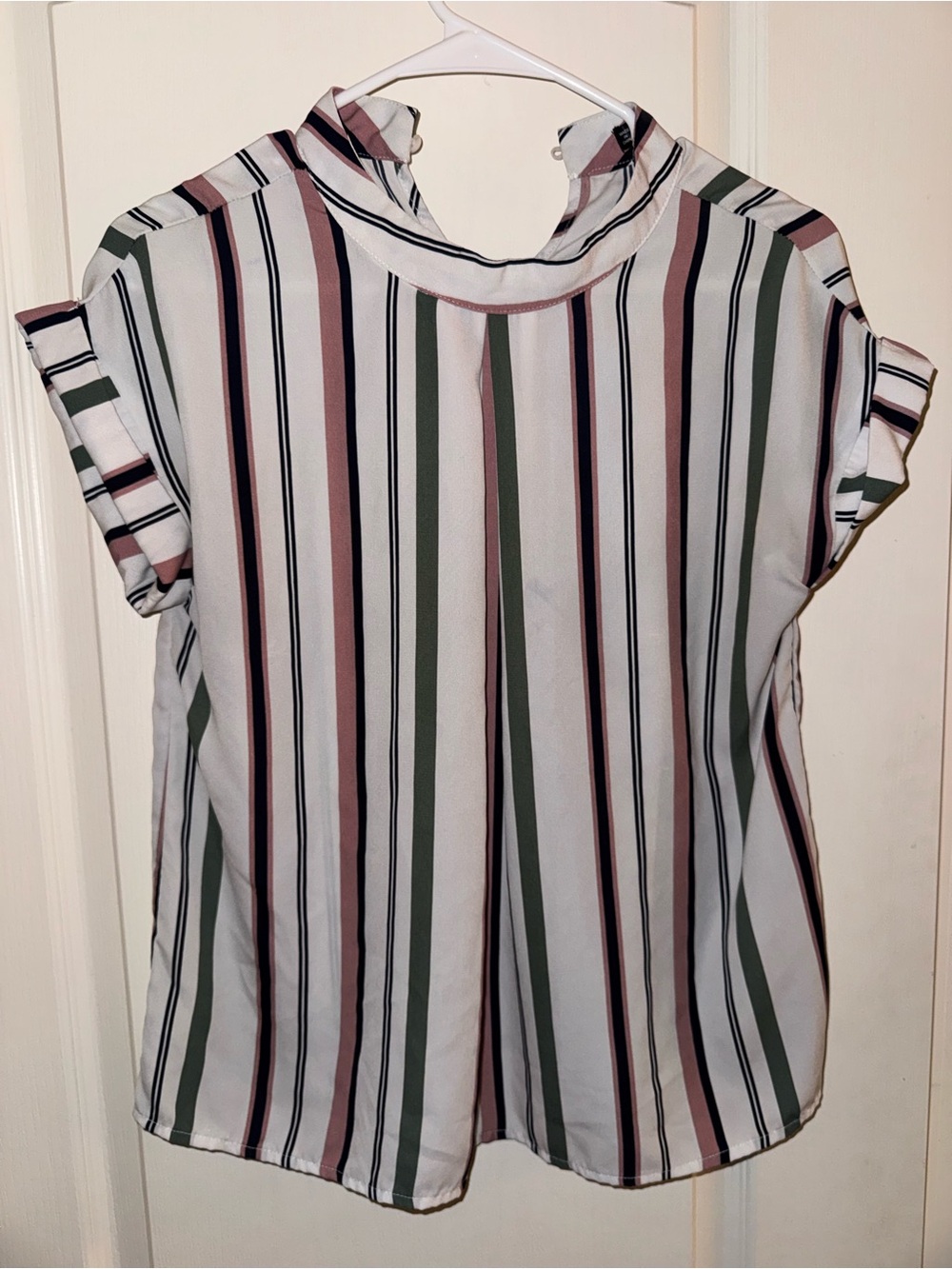 Striped Short-Sleeve Mock Neck Blouse - White with Pink & Green Stripes